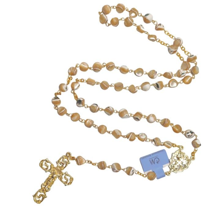 玫瑰念珠-奶茶色不规则贝壳珍珠-7mm-链式-金色 Catholic religious art