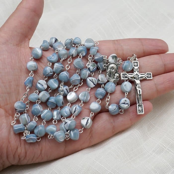 玫瑰念珠-灰蓝色不规则贝壳珍珠-7mm-链式 Catholic religious art