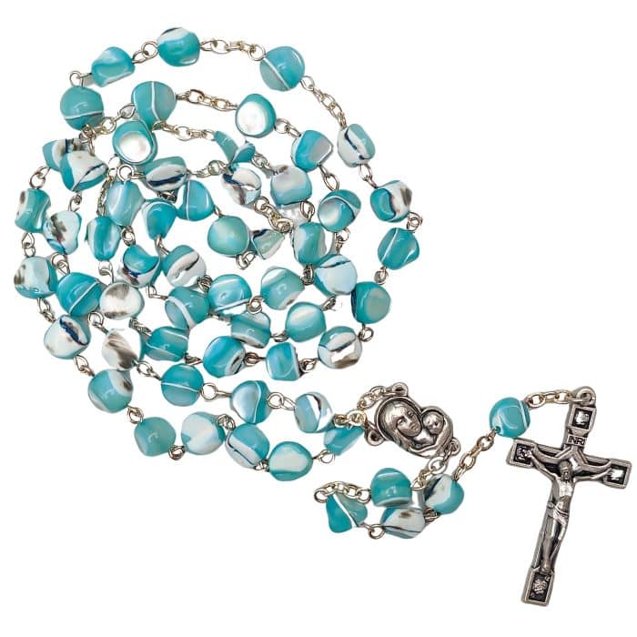 玫瑰念珠-天蓝色不规则贝壳珍珠-7mm-链式 Catholic religious art