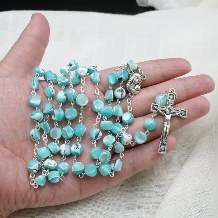 玫瑰念珠-天蓝色不规则贝壳珍珠-7mm-链式 Catholic religious art