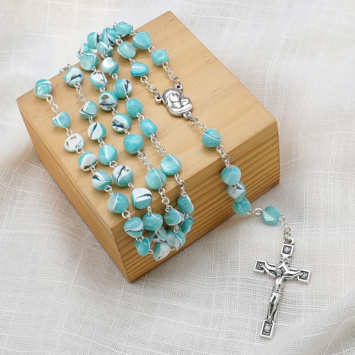 玫瑰念珠-天蓝色不规则贝壳珍珠-7mm-链式 Catholic religious art