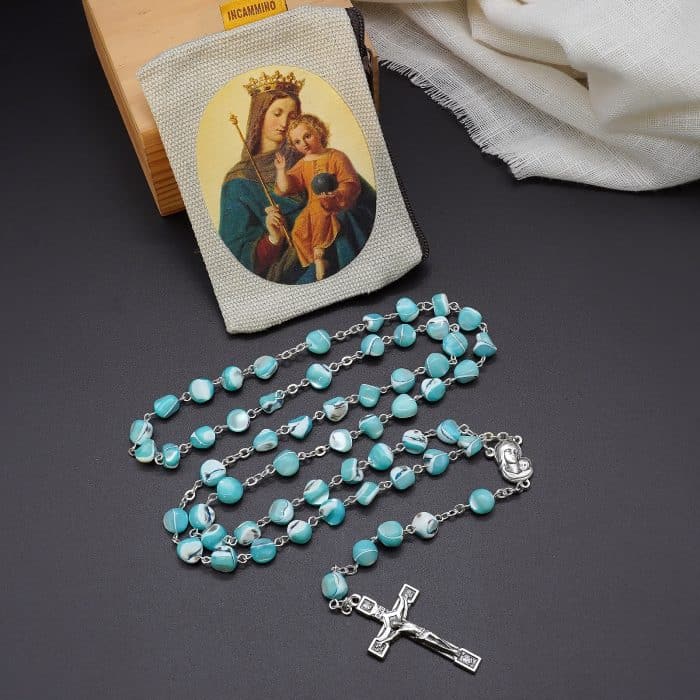 玫瑰念珠-天蓝色不规则贝壳珍珠-7mm-链式 Catholic religious art