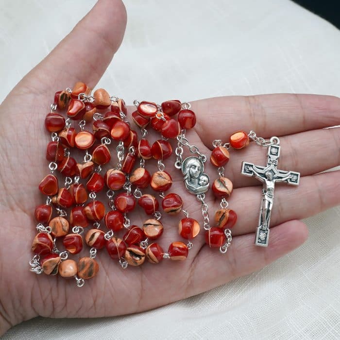 玫瑰念珠-红色不规则贝壳珍珠-7mm-链式 Catholic religious art