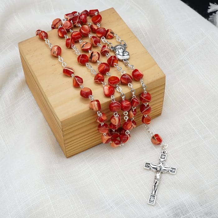 玫瑰念珠-红色不规则贝壳珍珠-7mm-链式 Catholic religious art