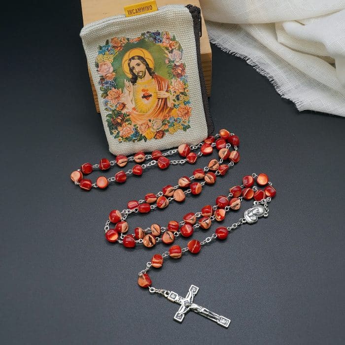 玫瑰念珠-红色不规则贝壳珍珠-7mm-链式 Catholic religious art