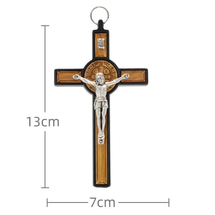 合金圣本笃十字架带圣牌橄榄木制白色-13x7cm Catholic religious art