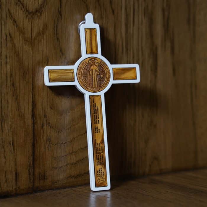 合金圣本笃十字架带圣牌橄榄木制白色-13x7cm Catholic religious art