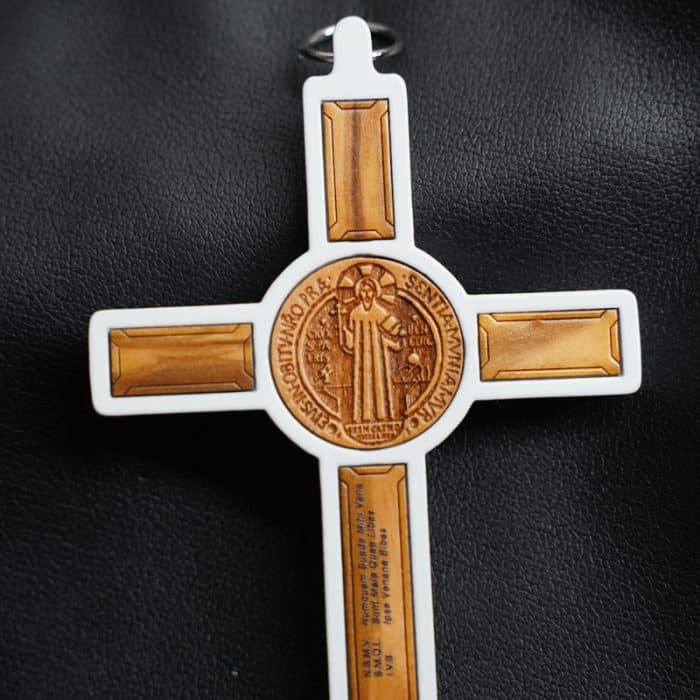 合金圣本笃十字架带圣牌橄榄木制白色-13x7cm Catholic religious art