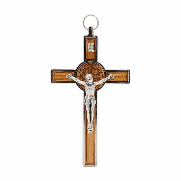 合金圣本笃十字架带圣牌橄榄木制银色-13x7cm Catholic religious art