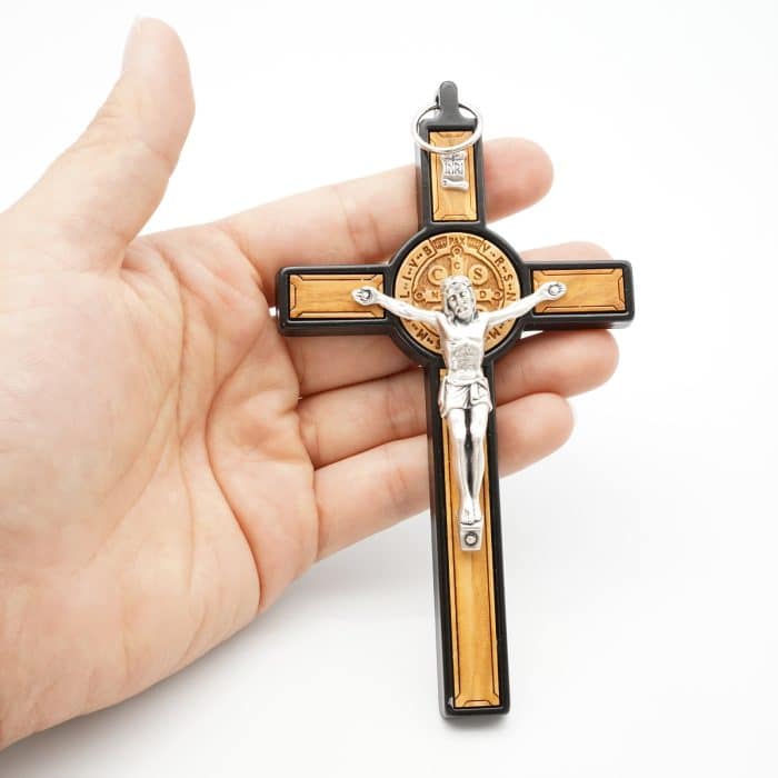 合金圣本笃十字架带圣牌橄榄木制黑色-13x7cm Catholic religious art