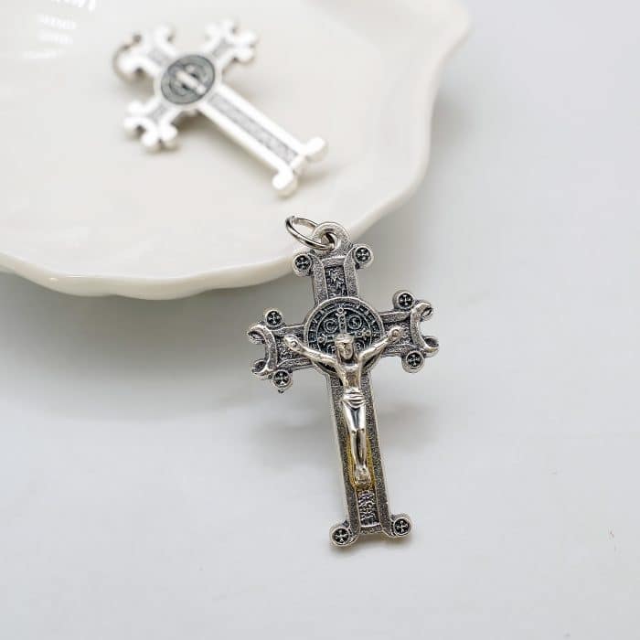 DIY十字架-圣本笃-合金-镀银-4x2.5cm Catholic religious art