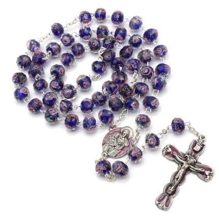 玫瑰念珠-玫瑰花条纹玻璃-蓝色-10mm-带包装盒