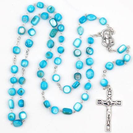 玫瑰念珠-天然珍珠石带盒子-天蓝色