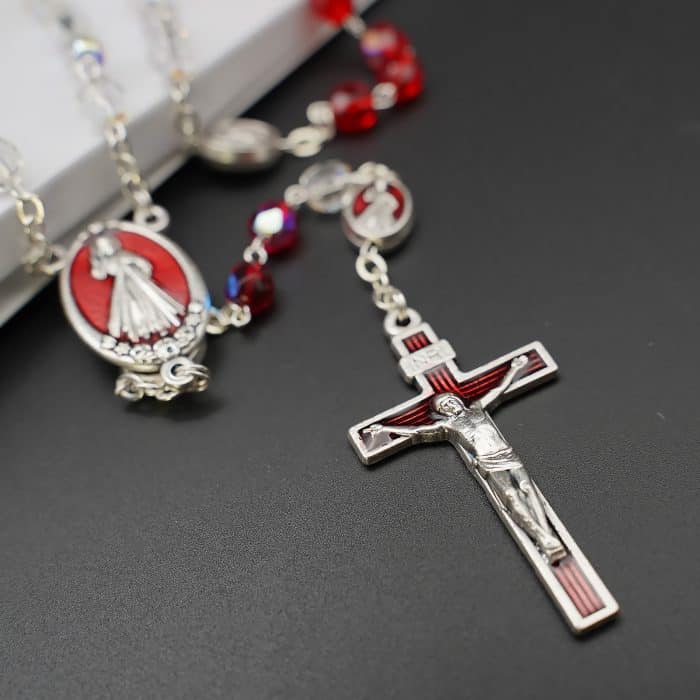 玫瑰念珠-半水晶-三色渐变-红色-上主慈悲-带盒-6mm Catholic religious art