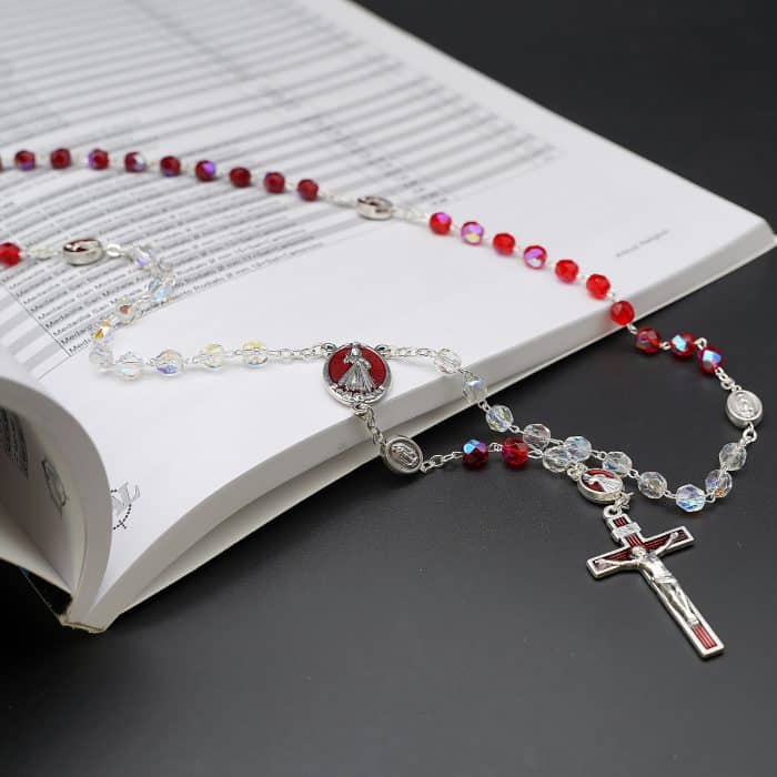 玫瑰念珠-半水晶-三色渐变-红色-上主慈悲-带盒-6mm Catholic religious art