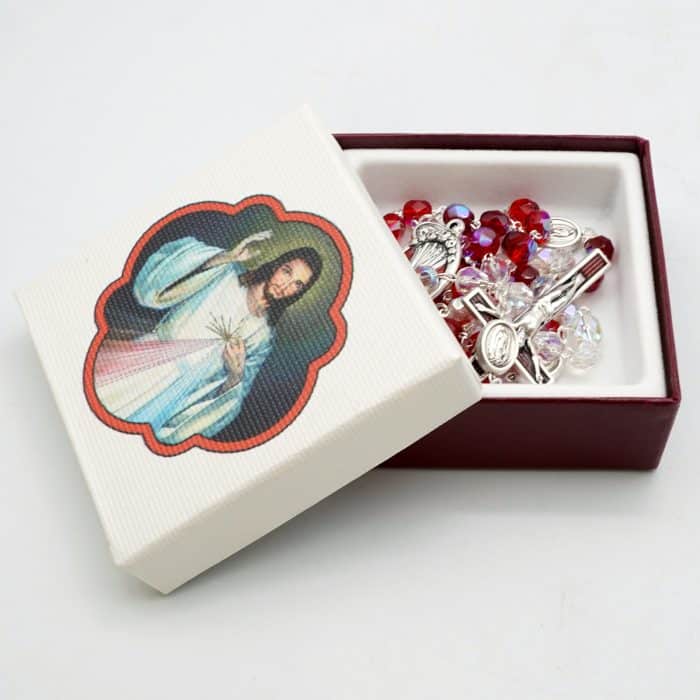 玫瑰念珠-半水晶-三色渐变-红色-上主慈悲-带盒-6mm Catholic religious art