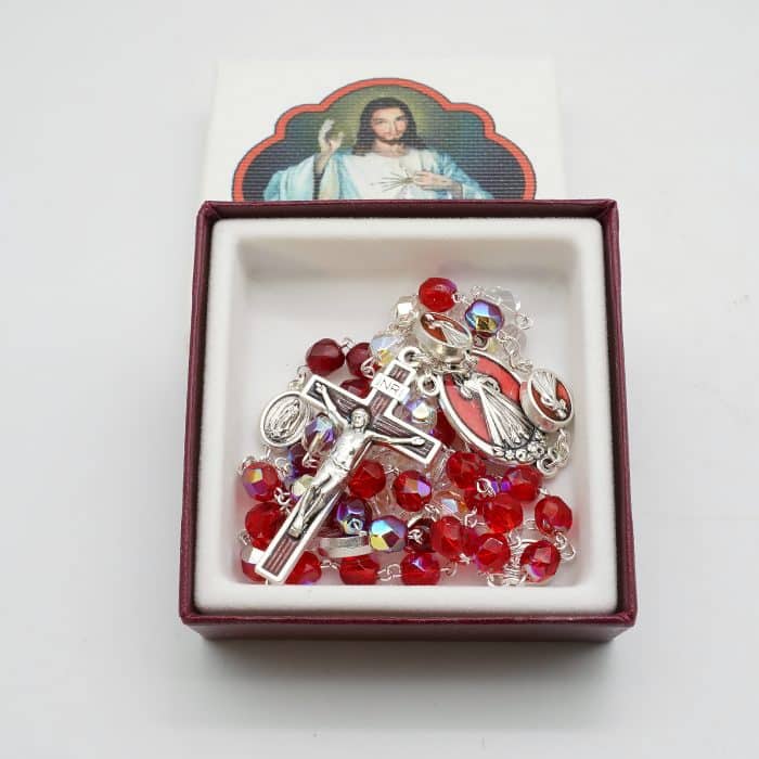 玫瑰念珠-半水晶-三色渐变-红色-上主慈悲-带盒-6mm Catholic religious art