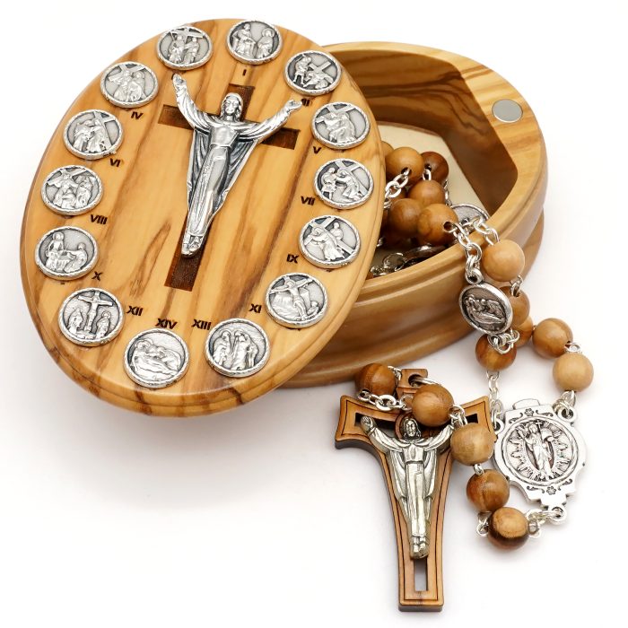 苦路念珠套装 - 橄榄木储存盒 - 意大利制作 Catholic religious art