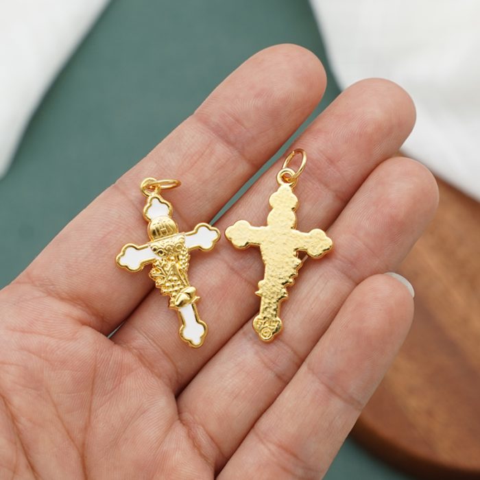 DIY十字架-初领圣体+锌合金-金色白珐琅-2.9cm Catholic religious art