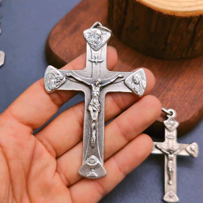 十字架-天主圣三-镀银合金-8.3x5.5cm Catholic religious art