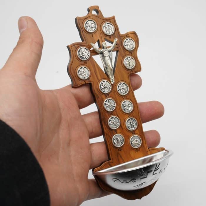圣水池 橄榄木苦路 金属 十字架 16x7 cm Catholic religious art