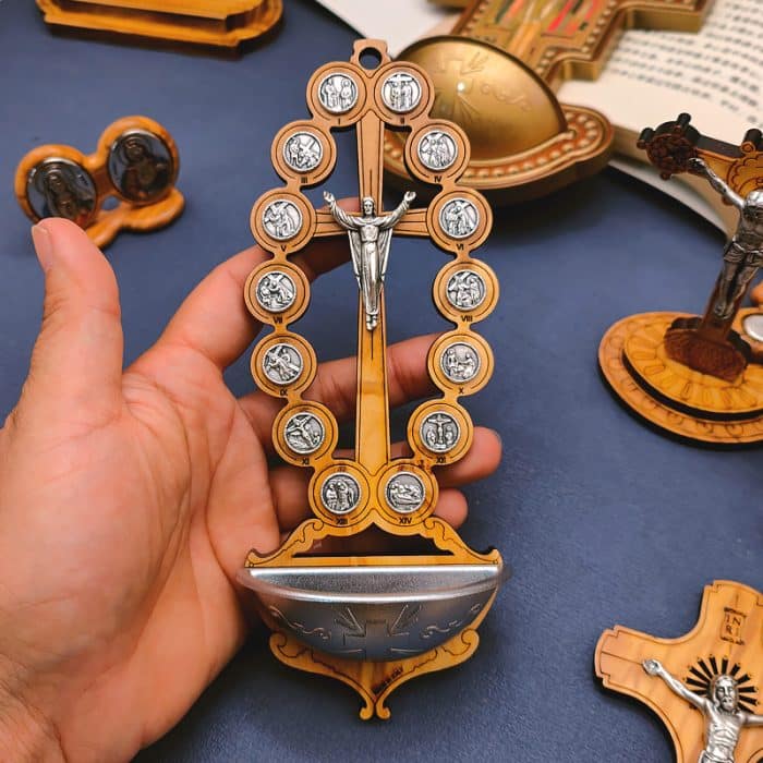 圣水池 橄榄木苦路 金属 椭圆 17.5x7cm Catholic religious art