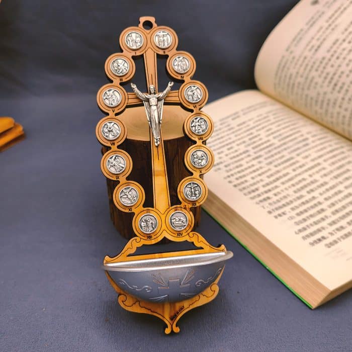 圣水池 橄榄木苦路 金属 椭圆 17.5x7cm Catholic religious art