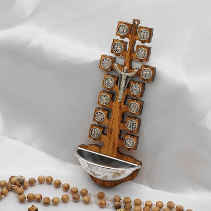 圣水池 橄榄木苦路 金属 树形 16.5x7 cm Catholic religious art