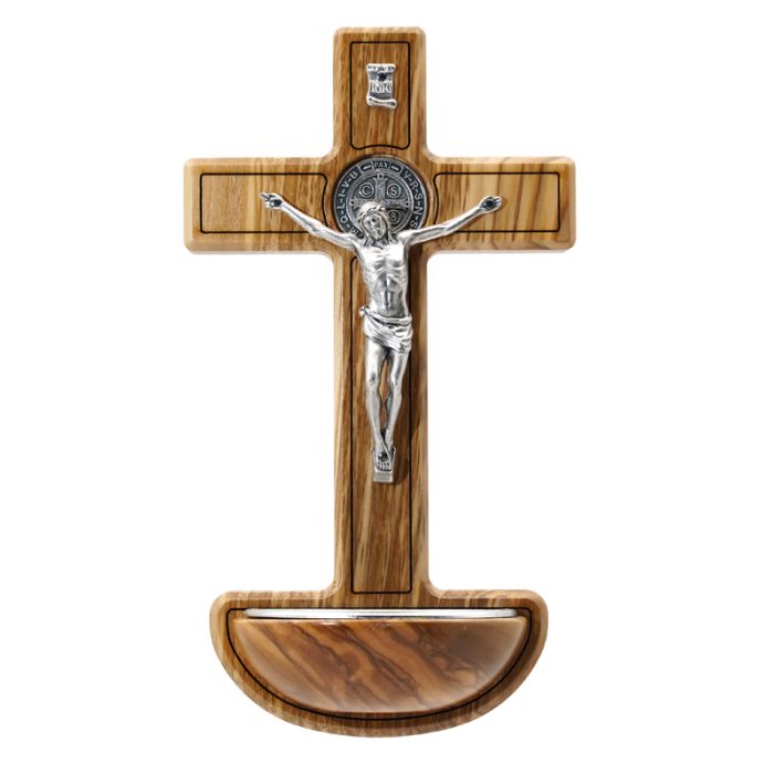 圣水池-十字架橄榄木-带圣尸镀银-19x10.5cm Catholic religious art