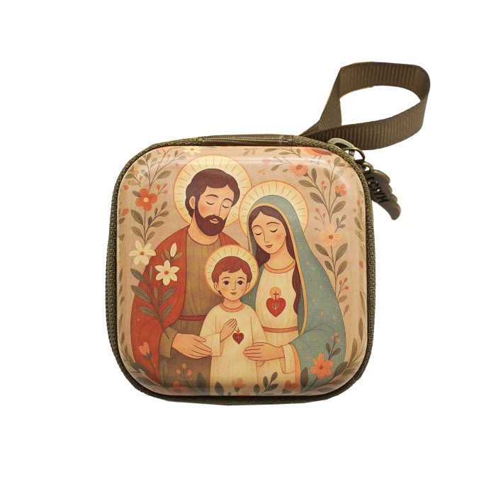 Metal Rosary Case - Holy Family - Metal - Zipper Case - 7x7x3.3cm Catholic religious art