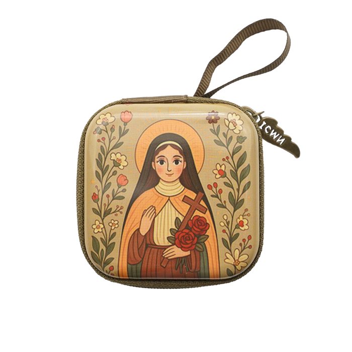 Rosary Case - St. Thérèse - Metal - Zipper - 7x7x3.3cm Catholic religious art