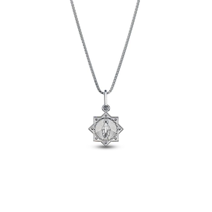 圣母显灵吊坠1.0cm925银盒子链0.8MM 白金色 Catholic religious art