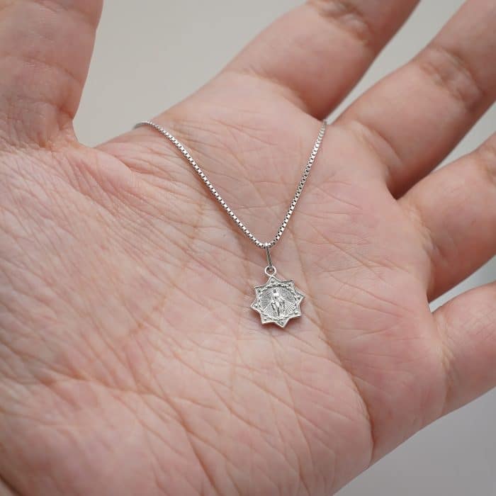 圣母显灵吊坠1.0cm925银盒子链0.8MM 白金色 Catholic religious art