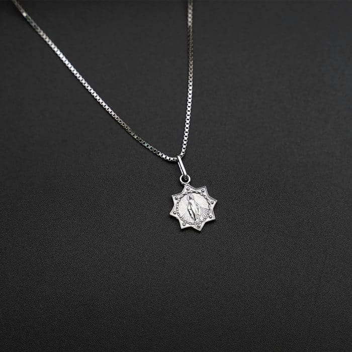 圣母显灵吊坠1.0cm925银盒子链0.8MM 白金色 Catholic religious art