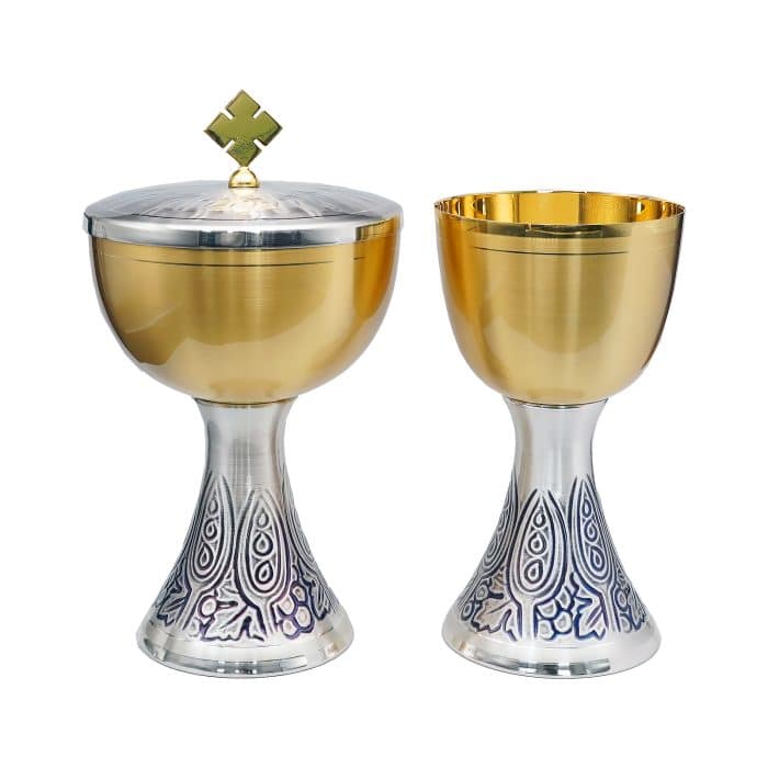 【现货】缎面葡萄叶装饰-金属圣爵杯圣体盒套装20+25cm Catholic religious art