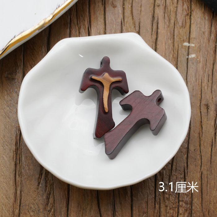 DIY十字架-TAU十字+棕色橄榄木+凸起圣尸-3.1x2.2cm Catholic religious art