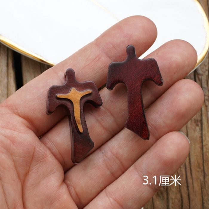DIY十字架-TAU十字+棕色橄榄木+凸起圣尸-3.1x2.2cm Catholic religious art
