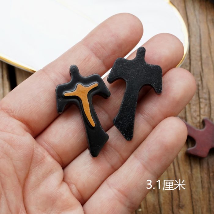 DIY十字架-TAU十字+黑色橄榄木+凸起圣尸-3.1x2.2cm Catholic religious art