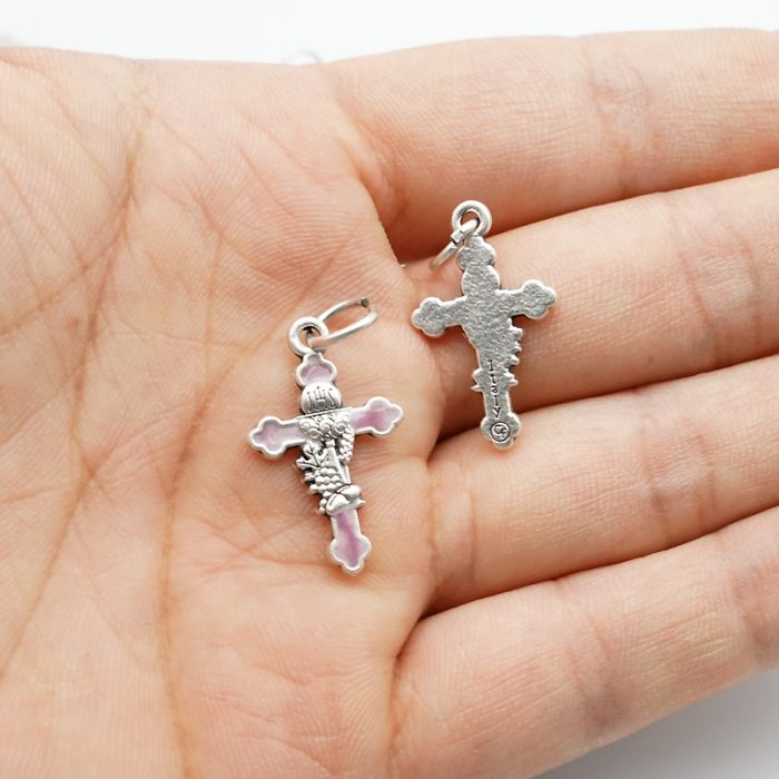 DIY十字架-圣体圣事-锌合金+镀银粉色珐琅-1.9cm Catholic religious art
