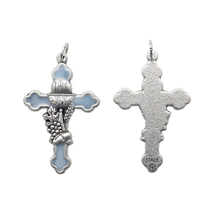 DIY十字架-圣体圣事-锌合金+镀银蓝色珐琅-3.7cm Catholic religious art