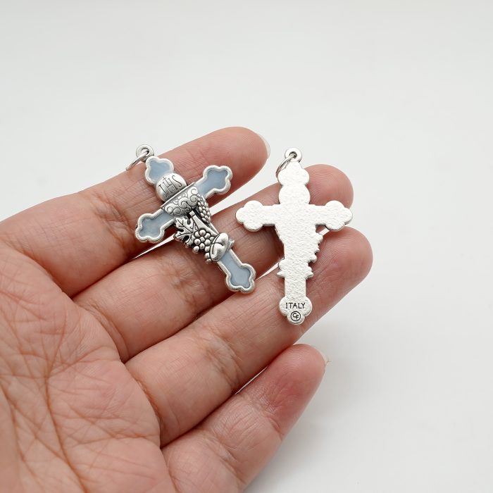 DIY十字架-圣体圣事-锌合金+镀银蓝色珐琅-3.7cm Catholic religious art