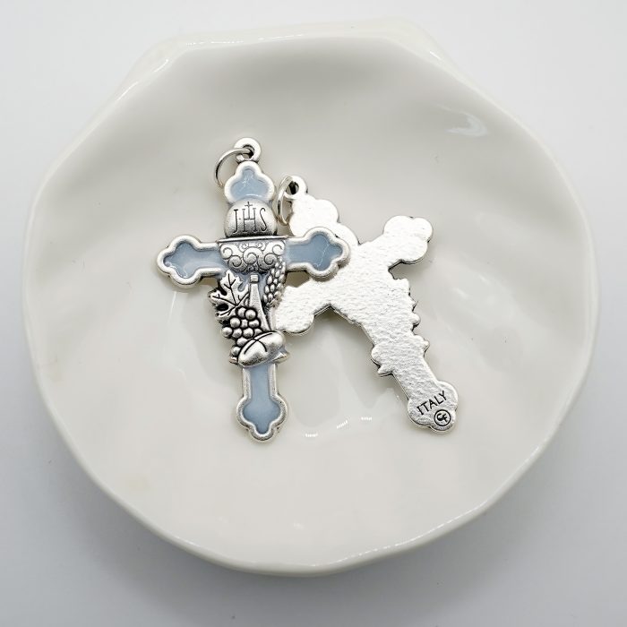 DIY十字架-圣体圣事-锌合金+镀银蓝色珐琅-3.7cm Catholic religious art