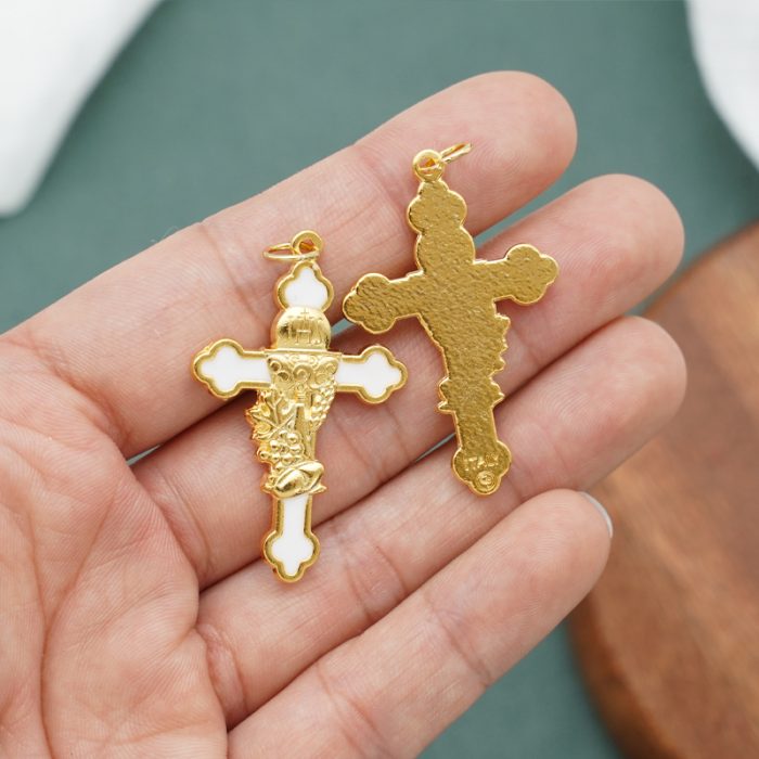 DIY十字架-圣体-锌合金-金色白珐琅-3.7cm Catholic religious art