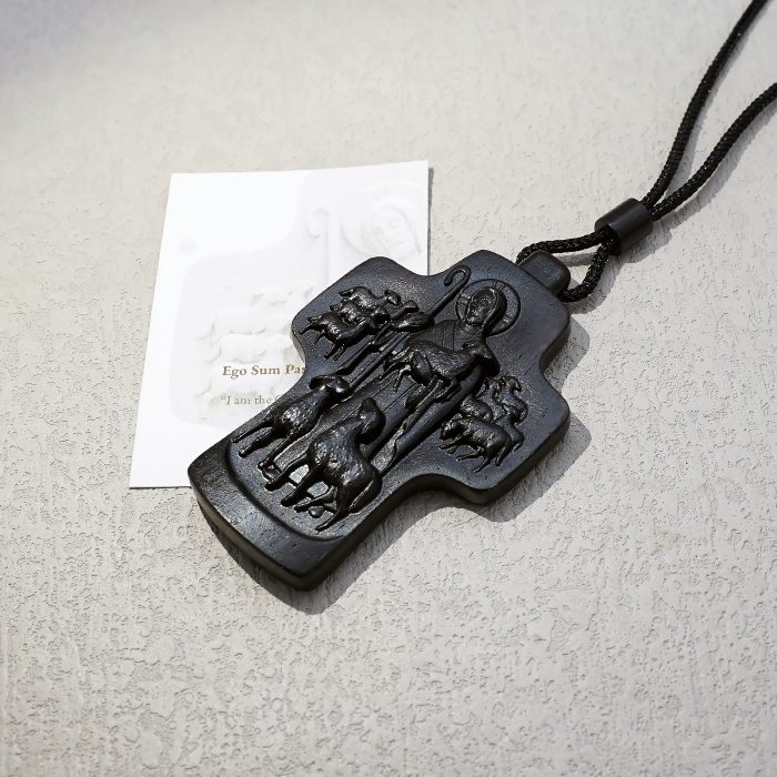 项链十字架-耶稣善牧-黑檀（带绳）-7x5cm送收纳包 Catholic religious art