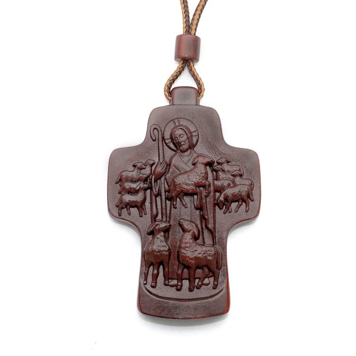 项链十字架-耶稣善牧-紫檀（带绳）-7x5cm送收纳包 Catholic religious art