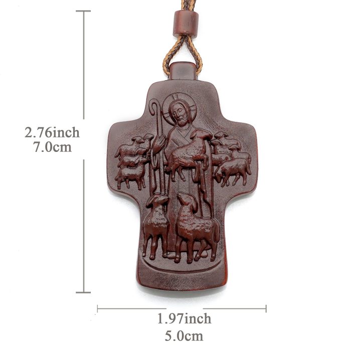 项链十字架-耶稣善牧-紫檀（带绳）-7x5cm送收纳包 Catholic religious art