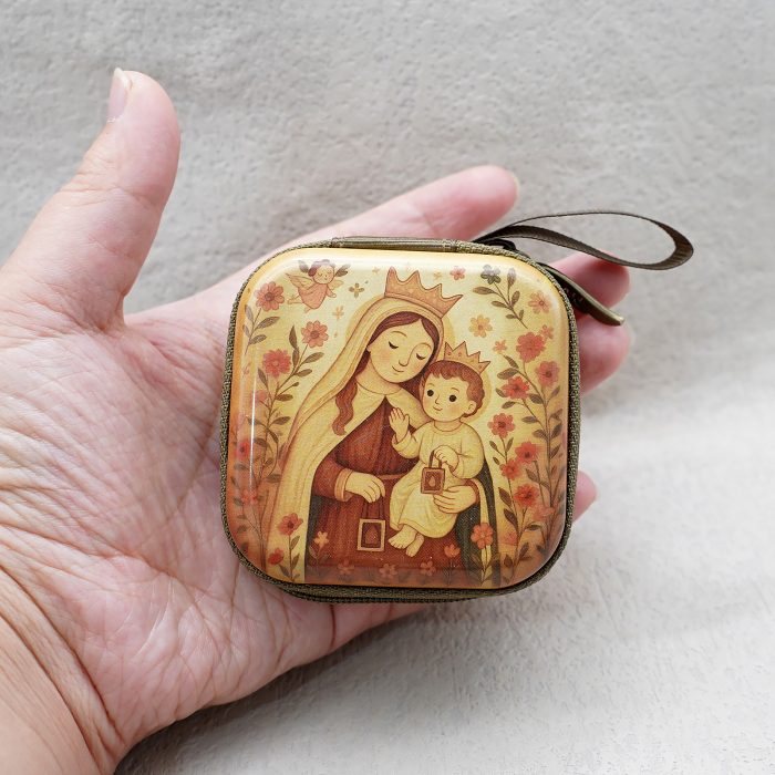 Rosary Case - Our Lady of Mount Carmel - Metal - Zipper - 7x7x3.3cm Catholic religious art