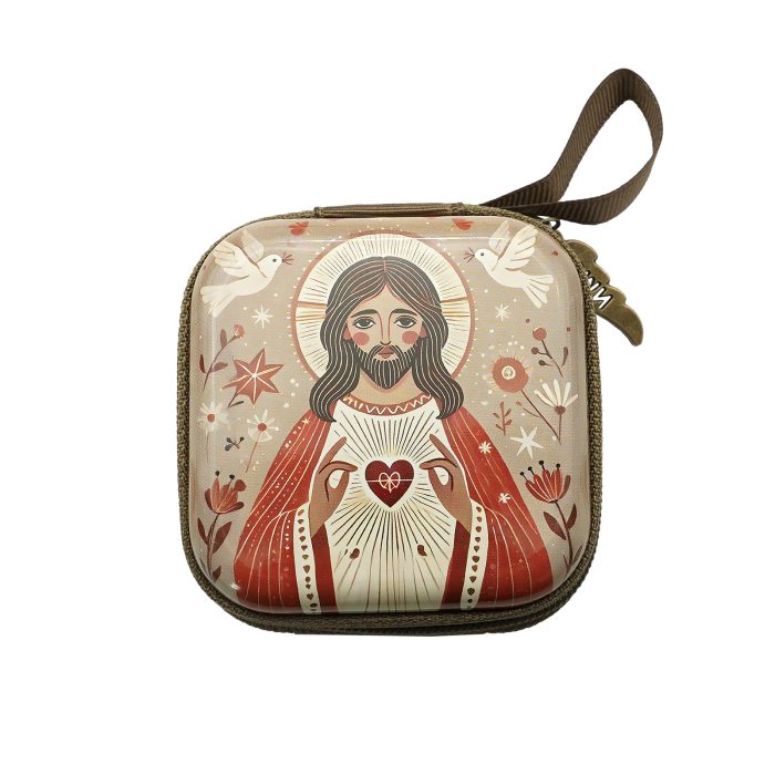 Rosary Case - Sacred Heart of Jesus - Metal - Zipper - 7x7x3.3cm Catholic religious art