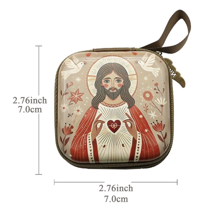 Rosary Case - Sacred Heart of Jesus - Metal - Zipper - 7x7x3.3cm Catholic religious art