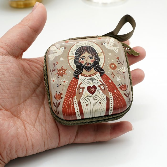 Rosary Case - Sacred Heart of Jesus - Metal - Zipper - 7x7x3.3cm Catholic religious art
